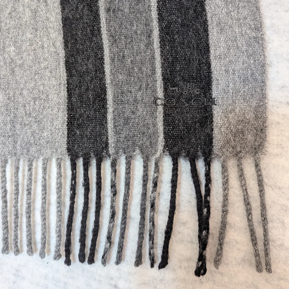 COACH 90/10 Wool & Cashmere Striped Fringe Scarf - Grey/Black